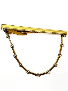 Vintage Hickok USA Gold Tone Tie Bar Clip With the Original Safety Chain.